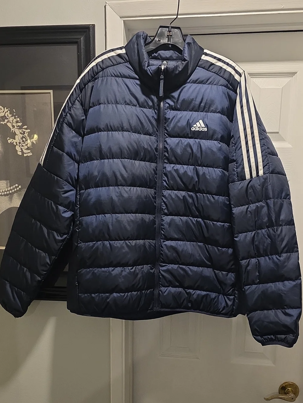 adidas Navy Puffer Jacket with White Shoulder Stripes